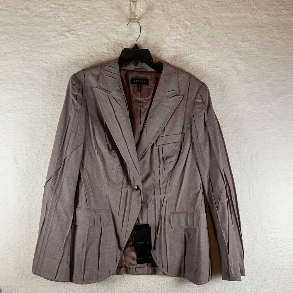 ESCADA Henna Pleated Belkisa Houndstooth Wool Hand Stitch Coat‎ Blazer 46 NWT